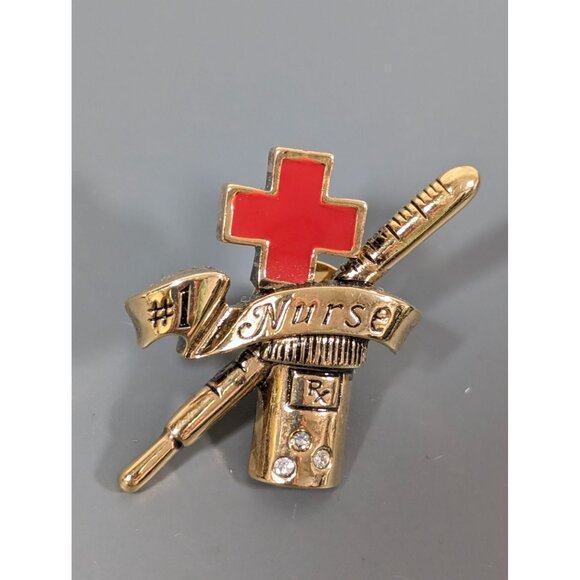 Vintage Avon Number 1 Nurse Pin Brooch Gold Tone Red Cross - Picture 2 of 6
